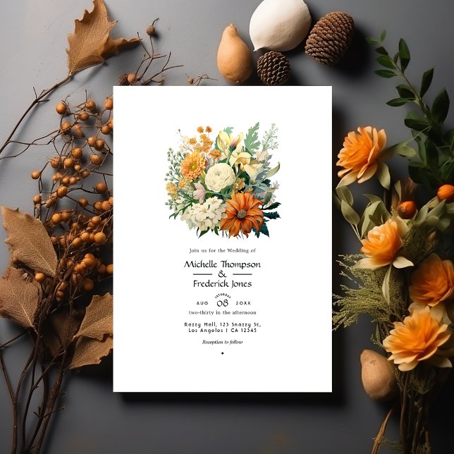 Off-White, Hunter Green, Brown and Orange Wedding Invitation (Creator Uploaded)