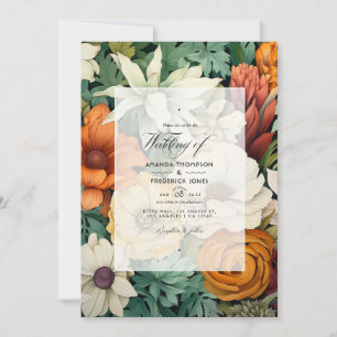 Off-White, Hunter Green, Brown and Orange Wedding Invitation