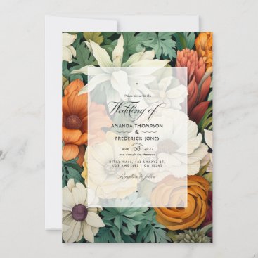 Off-White, Hunter Green, Brown and Orange Wedding Invitation
