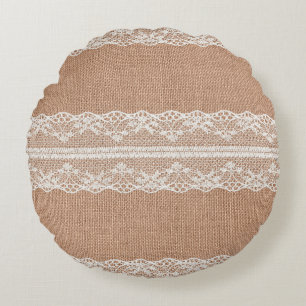 Off-White Lace on Brown Burlap Texture Round Pillow