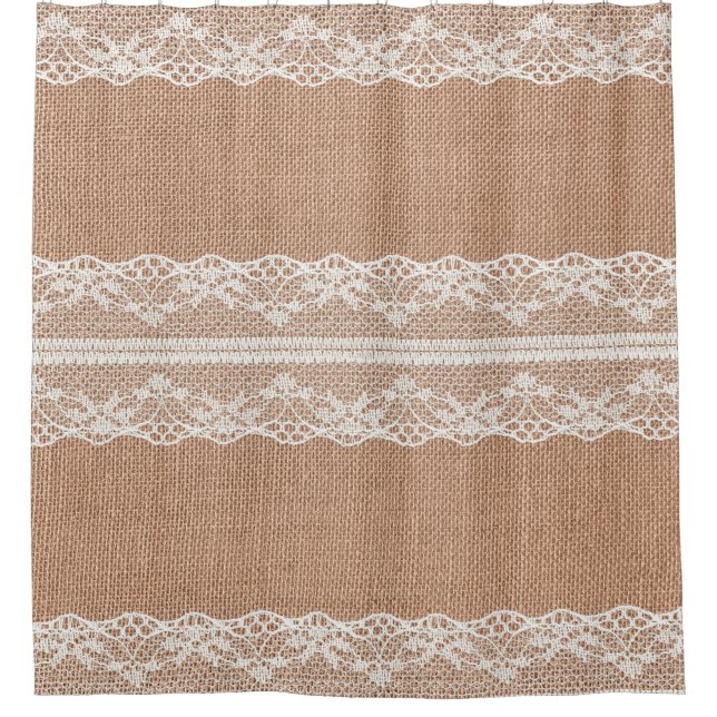 Off-White Lace on Brown Burlap Texture Shower Curtain (Front)