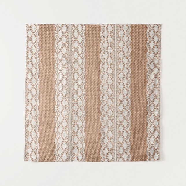 Off-White Lace on Brown Burlap Texture Tapestry (Front)