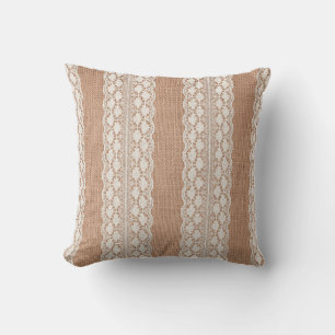 Off-White Lace on Brown Burlap Texture Throw Pillow