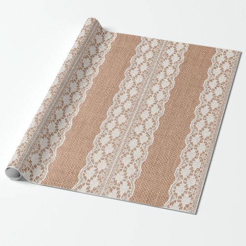 Off_White Lace on Brown Burlap Texture Wrapping Paper