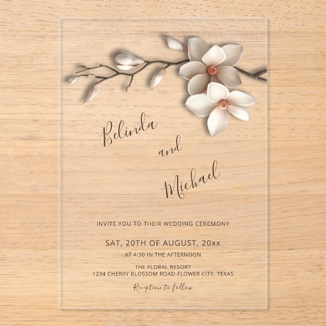 Off White Magnolia Faux Relief Flower Wedding Acrylic Invitations (Front)