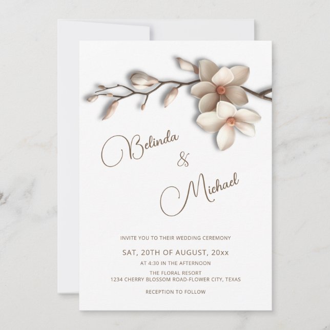 Off White Magnolia Raised Effect  Flower Wedding Invitation (Front)
