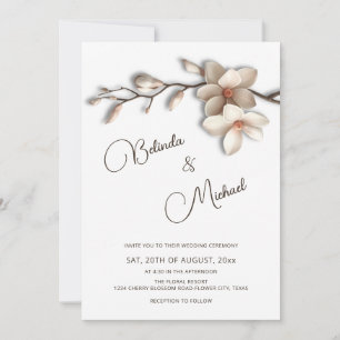 Off White Magnolia Raised Effect  Flower Wedding Invitation