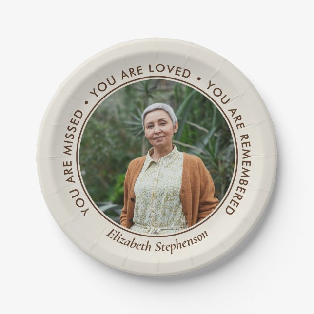 Off-White Missed Loved Remembered Photo Memorial Paper Plates (Front)