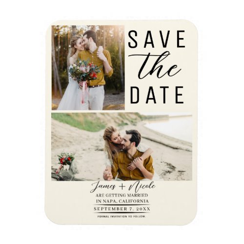 Off White Modern 2 Photos Save the Date Wedding Magnet