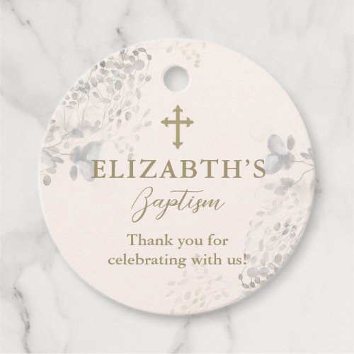 Off White Neutral Floral Baptism or Christening Favor Tags