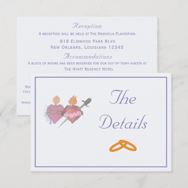 Off-White/Periwinkle Two Hearts Catholic Wedding  Enclosure Card (Front/Back)
