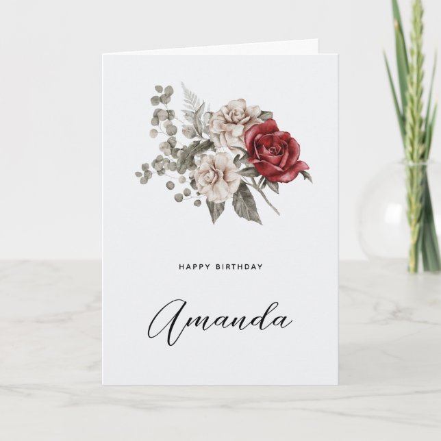Off-White & Red Roses Floral Bouquet Birthday Card (Front)