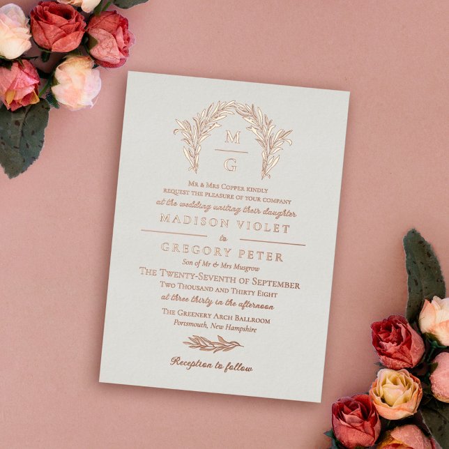 Off White Rose Gold Arch Wreath Monogram Wedding Foil Invitation (Creator Uploaded)