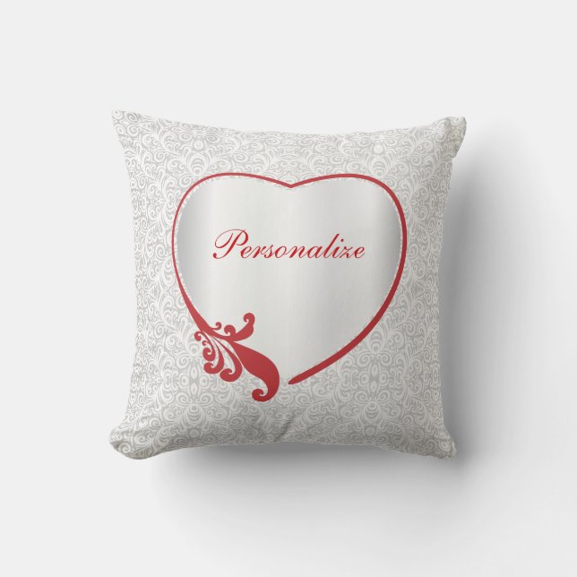Off White Satin and Red Love Heart Print Throw Pillow (Front)