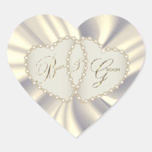 Off White Satin Bride & Groom Dual Hearts Heart Sticker