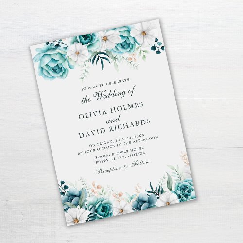 Off_White Teal Floral Wedding Invitation