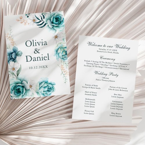 Off_White  Teal Floral Wedding Program