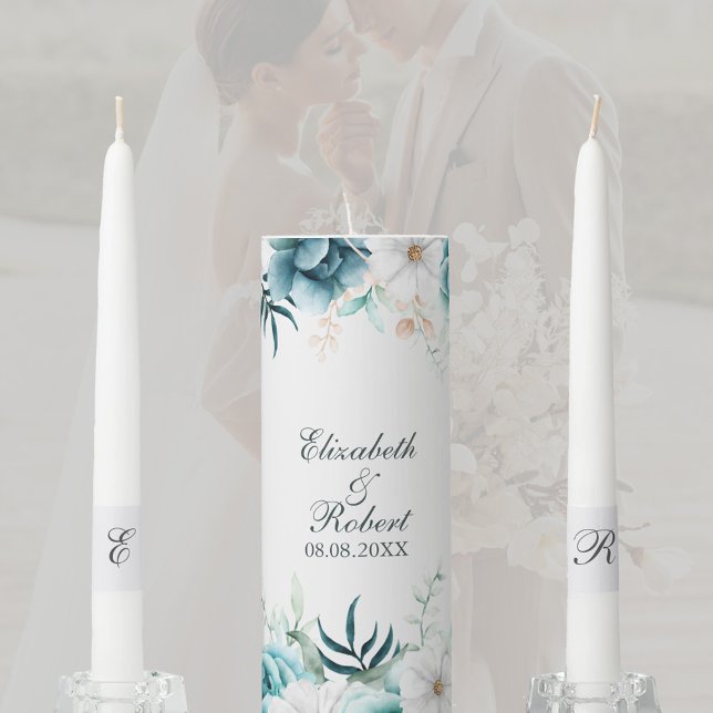 Off-White Teal Wildflowers Wedding Unity Candle Set (Off-White Teal Wildflowers Wedding Unity Candle Set)