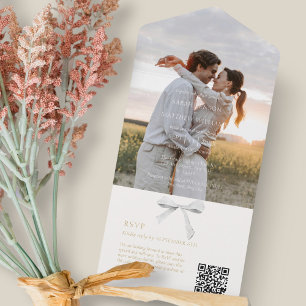 Off White   Trendy White Ribbon & Photo Wedding OR All In One Invitation