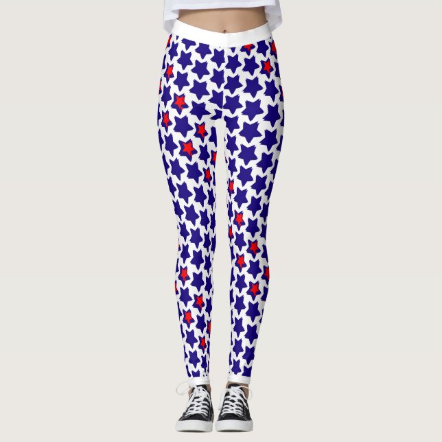 Offbeat Distorted Red White Blue Stars Leggings (Front)