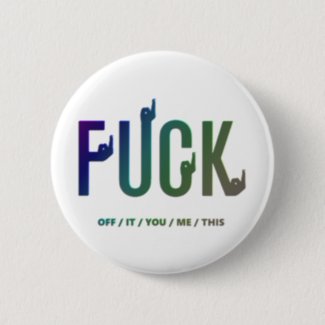 Offensive fuck you button, rainbow green and blue button