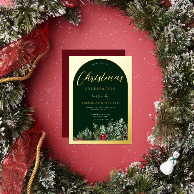 Office Christmas Party Green Gold Foil Invitation (Insitu)