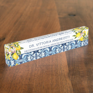 Office gifts blue tiles and lemons Italian themed Desk Name Plate