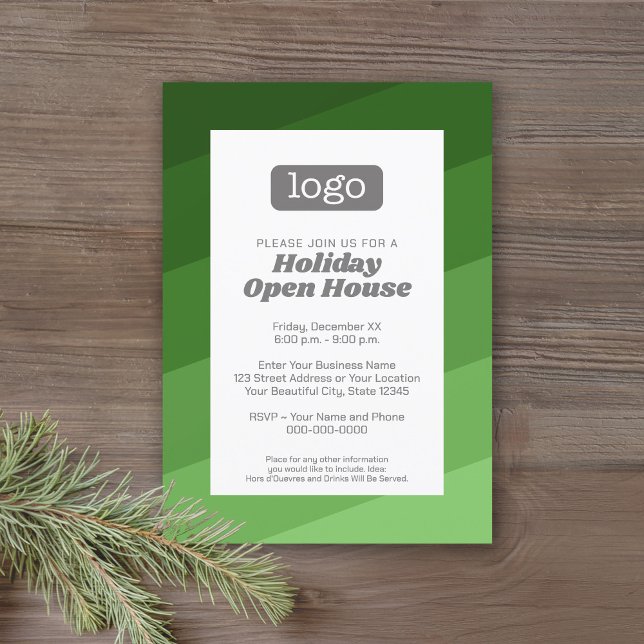 Office Party with Company Logo - retro 70s stripes Invitation (Office Holiday Party Invitation with retro green stripes and a vintage vibe.)