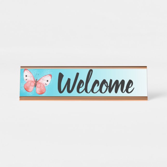 Office Receptionist Desk Welcome Butterfly Name Plate (Front)