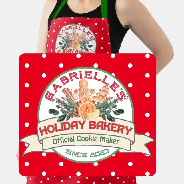 Official Cookie Maker Personalized Christmas Apron (Close up view of Official Holiday Bakery Cookie Maker apron.  Personalized with a name and year)