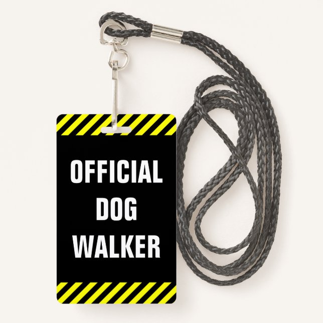 "OFFICIAL DOG WALKER"; Black, Yellow Stripes Badge (Front with Lanyard)