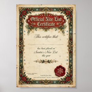 Official Nice List Certificate — Vintage Santa 5x7 Poster