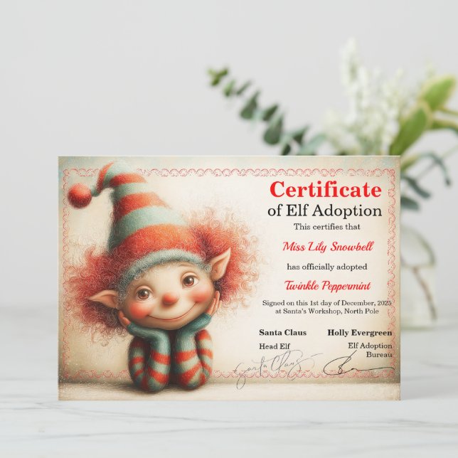 Official North Pole Elf Adoption Certificate  Invitation (Standing Front)