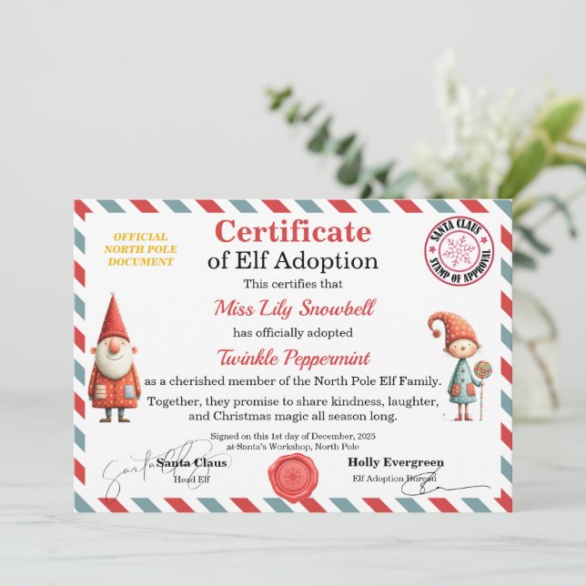 Official North Pole Elf Adoption Certificate  Invitation (Standing Front)