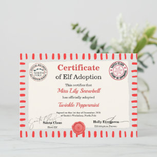 Official North Pole Elf Adoption Certificate Invitation