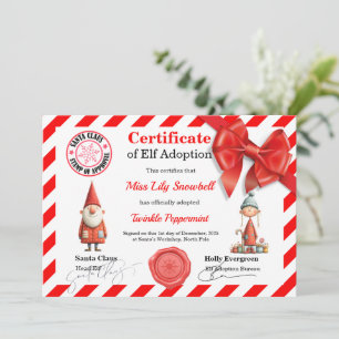 Official North Pole Elf Adoption Certificate  Invitation
