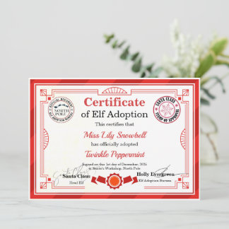 Official North Pole Elf Adoption Certificate Invitation