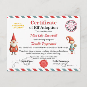 Official North Pole Elf Adoption Certificate  Postcard