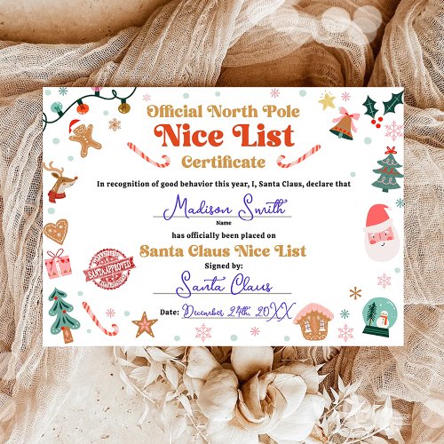 Official North Pole Nice List Certificate Santa Invitation