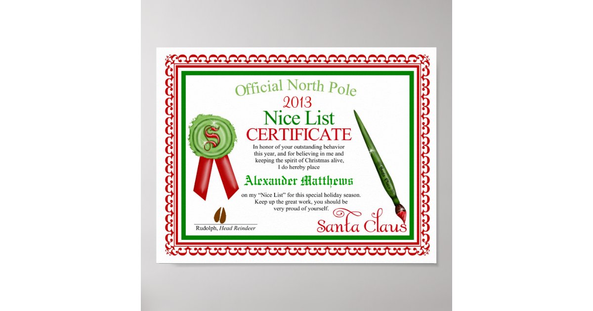 Official Santa Claus Nice List Certificate Poster | Zazzle.com