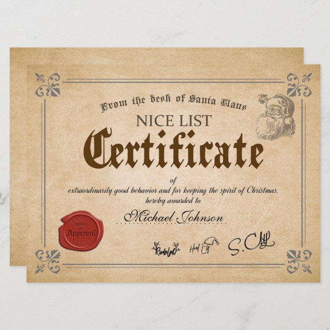 Official Santa Nice List Certificate Holiday Card (Front/Back)