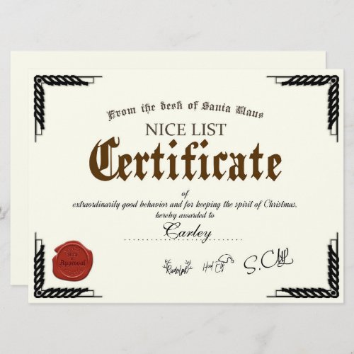 Official Santa Nice List Certificate Holiday Card