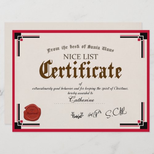 Official Santa Nice List Certificate Holiday Card