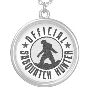 Official Sasquatch Hunter - Bigfoot in B/W Grunge Silver Plated Necklace