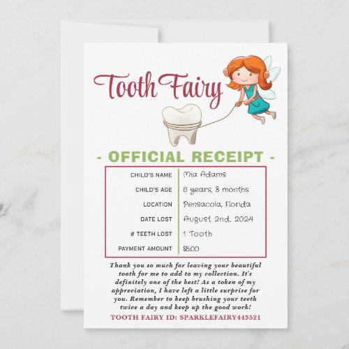 Official Tooth Fairy Receipt Certificate Invitation