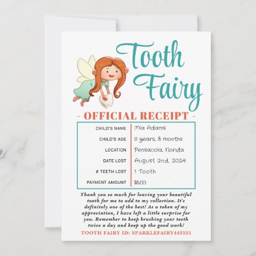 Official Tooth Fairy Receipt Certificate Printable Invitation