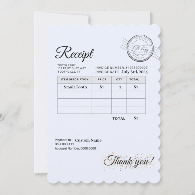 Official Tooth Fairy Under Pillow Receipt for Kids (Front)