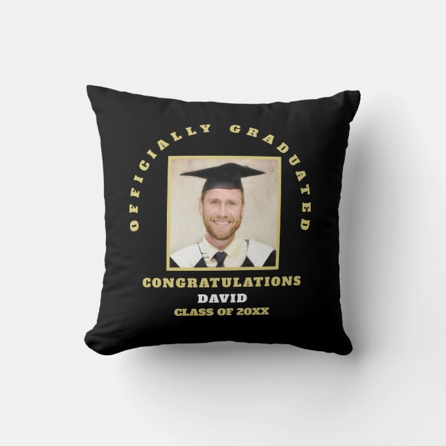Officially Graduated Photo Name Congrats Black Throw Pillow (Front)