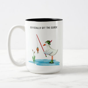 Officially Off the Clock Funny Seagull Fishing Two-Tone Coffee Mug