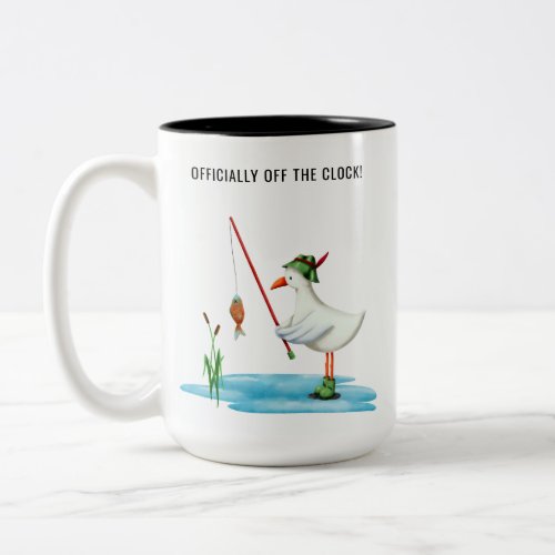 Officially Off the Clock Funny Seagull Fishing Two-Tone Coffee Mug